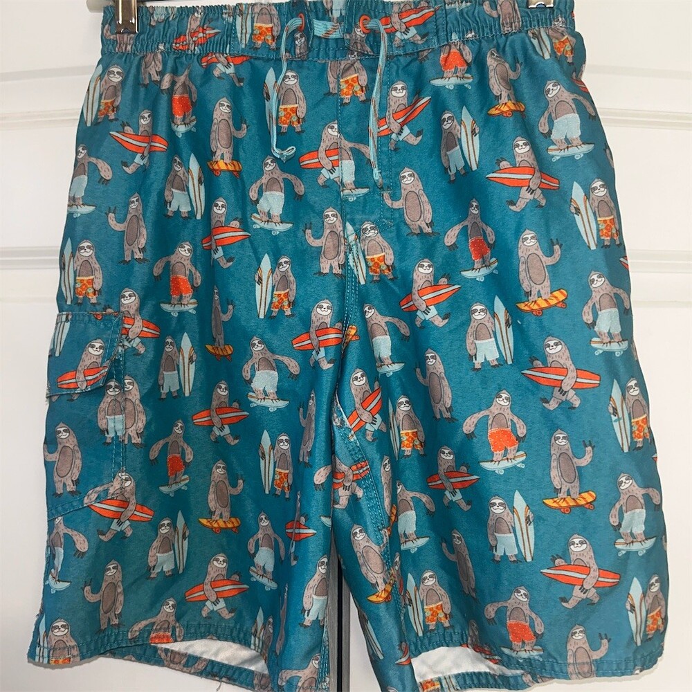 L.L.Bean Boys Swim Trunks Size XS Blue Sloth Surfboard Print Drawstring